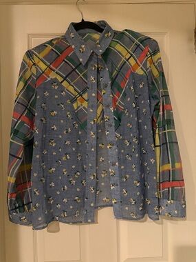 Women's Mixed Print Button-Down Shirt - Blue Floral & Plaid